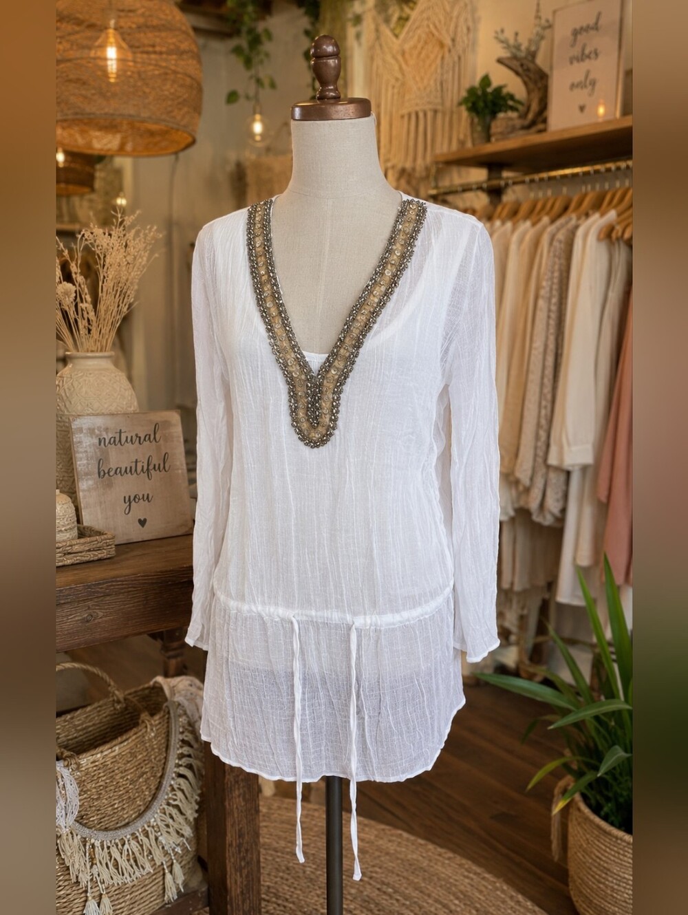 Chic White Beaded Women's Tunic Or COVER UP